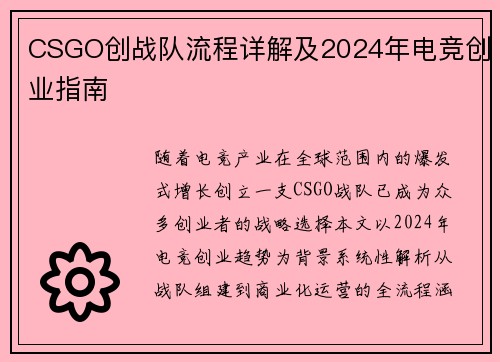 CSGO创战队流程详解及2024年电竞创业指南
